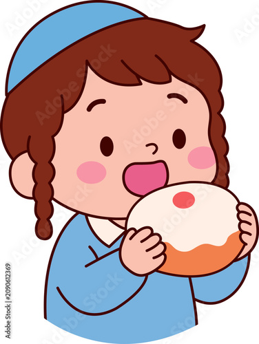 Orthodox Jewish Boy Eating Sufganiyah Donut, Hanukkah Kids Illustration