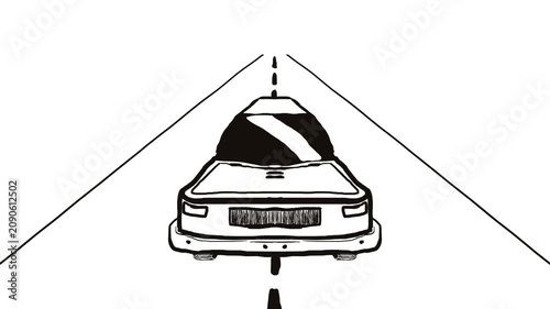 In the middle of the image, a cartoon car is driving along the highway.