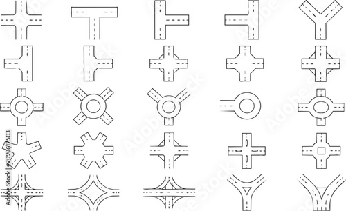 Road intersection types diagram with various junction and roundabout icons