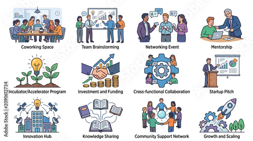 A collection of twelve hand drawn illustrations representing various startup and business development concepts.