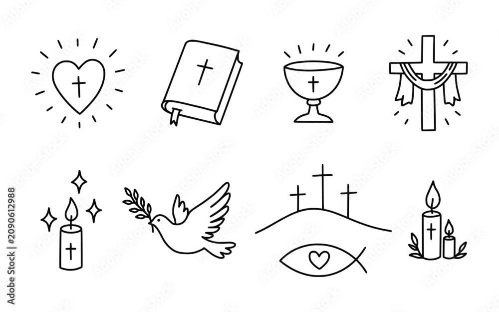 Obraz premium Religious Christianity doodles collection. Black line art icons set with cross, bible, chalice, angel wings, church, praying hands, candle, dove isolated on white background. Spiritual symbols.