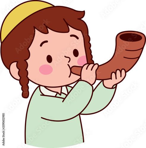 Orthodox Jewish Boy Blowing Shofar, Rosh Hashanah Illustration