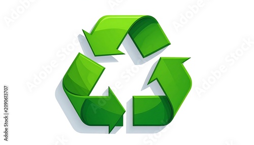 A vibrant, three-arrowed recycling symbol in a gradient green hue, against a stark white backdrop with a soft shadow