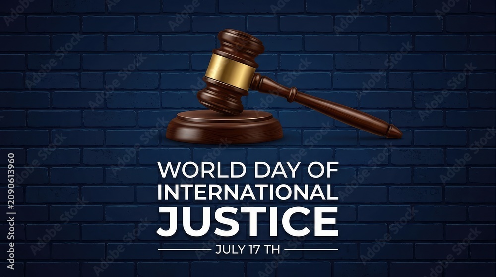 Wooden judge gavel on dark blue digital network background for World Day for International Justice technology concept