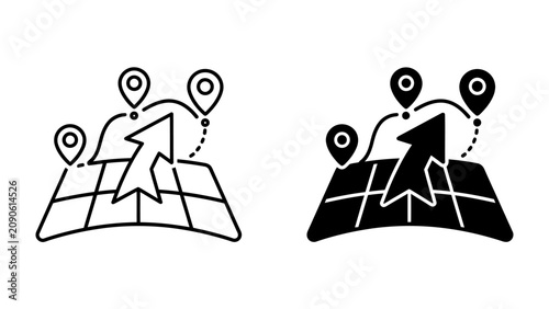 Konstfotografi Map Navigation Icons: A set of two icons illustrating map navigation, featuring a grid, a large upward arrow indicating direction, and several pin markers connected by a dotted line