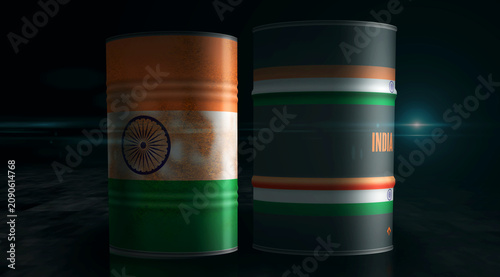 Schilderij op canvas India oil crude petroleum fuel barrels in row
