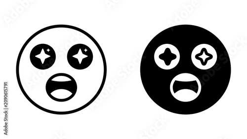 Photos Surprised Emoji Icon: A simple, graphic representation of a surprised or shocked emoji, shown in both outline and solid black styles, with wide eyes and an open mouth