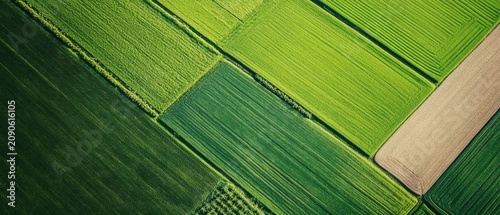 Aerial View of Bright Green Rectangular Agricultural Fields with Irrigation Patterns and Dirt Paths agriculture