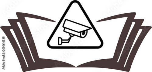 Modern line art vector logo design combining a security CCTV surveillance camera inside a warning triangle sign with an open book, symbolizing smart surveillance learning, library security systems, an