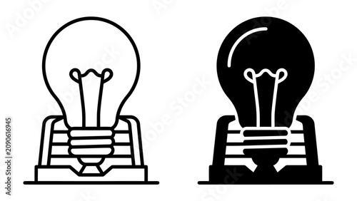 Schilderij op canvas Light Bulb Icons: A set of graphic icons representing a light bulb in both outline and solid black fill, symbolizing ideas and innovation