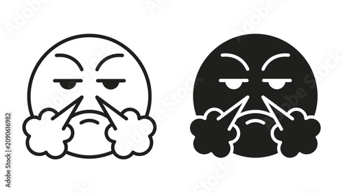 Foto Fuming Faces: A set of stylized emoji icons depicting intense anger, with puffed cheeks and steam erupting from the nose, representing frustration and rage
