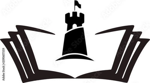 Modern line art vector logo design combining an open book with a fortress castle tower and a flag on top, perfectly representing academic heritage, history studies, strong education foundations, and k