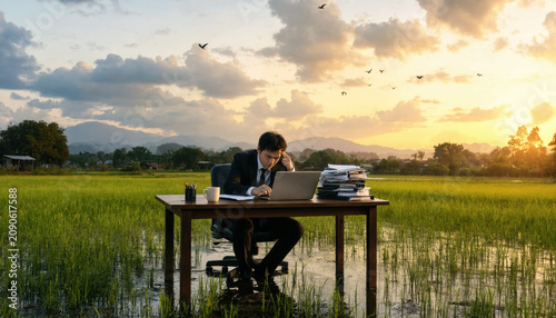 Person working on laptop in rural field during golden hour sunset