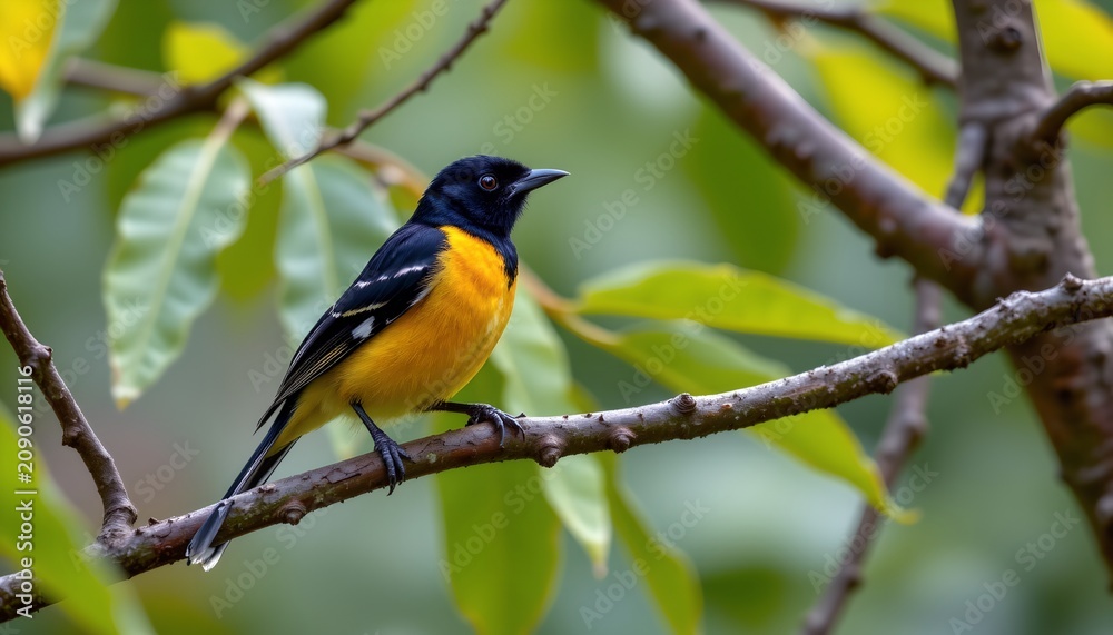 Fototapeta premium The image features a brightly colored bird perched on a slender branch amidst green foliage. The bird has a striking black head and upper body, with vivid yellow underparts and wing accents