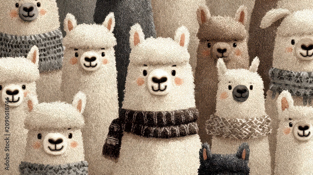 Fototapeta premium Cute and Cozy Cartoon Alpacas Wearing Scarves in a Warm Setting