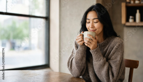 Woman Enjoying Warm Drink by Window in Cozy Indoor Setting