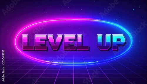 Level Up neon sign in purple oval capsule frame.