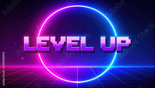 Level Up glowing text inside circular neon ring frame.