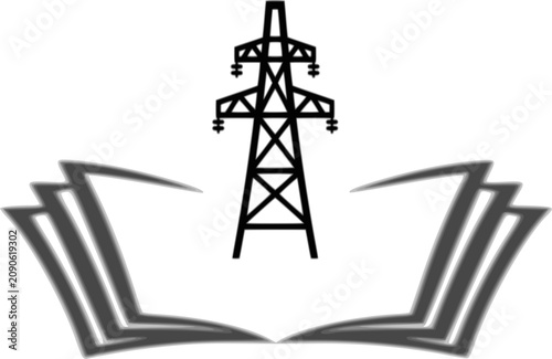 Modern line art vector logo design combining an open book with an electric transmission tower, symbolizing electrical engineering education, power grid studies, energy research, and academic knowledge