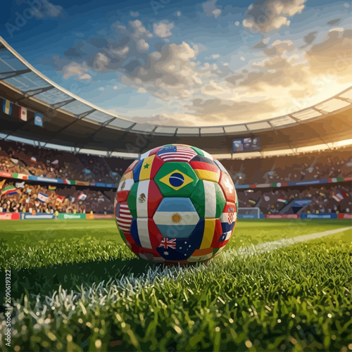 Bild auf Leinwand A soccer ball decorated with various country flags sits on the green field of a packed stadium during a sunny day