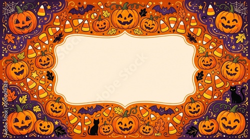 Halloween Pumpkin Frame Border with Candy Corn and Bats