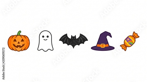 Halloween Emoji Icons Set Pumpkin Ghost Bat Witch Hat Candy