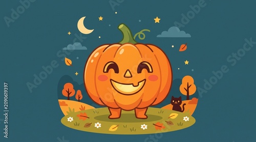 Cute Smiling Pumpkin Character Under Moon Illustration