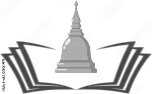 Modern line art vector logo design combining an open book with a traditional Buddhist stupa temple or pagoda monument, symbolizing religious education, Asian cultural studies, history literature, and 