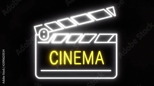 Glowing white neon movie clapperboard sign featuring yellow CINEMA text on a dark black background. Perfect for film, video production, entertainment, and theater concepts.