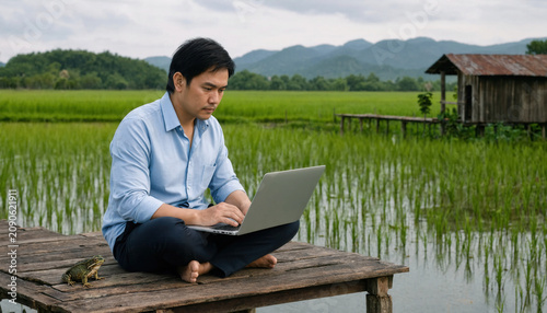 Person Working on Laptop in Rural Rice Paddy Field at Sunset