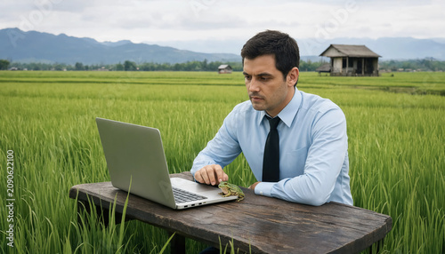 Professional man working on laptop in green rice field at sunrise