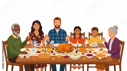 A Thanksgiving Feast: A multi-generational family gathers around a table laden with a traditional Thanksgiving feast, sharing a moment of gratitude and togetherness.