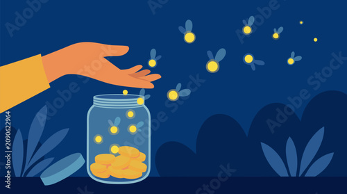 Hand releasing glowing fireflies from a glass savings jar filled with gold coins, magical night vector illustration about financial hope, wealth growth, generosity, investment dreams and prosperity
