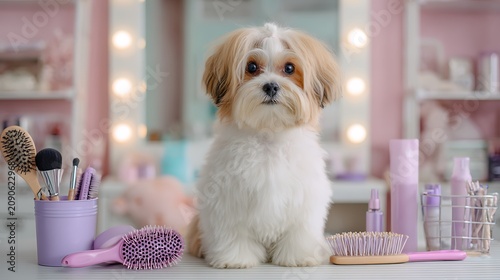 Cute Yorkshire Terrier Puppies Sitting Together in a Bathroom Studio Portrait of Adorable Purebred Small Domestic Dogs