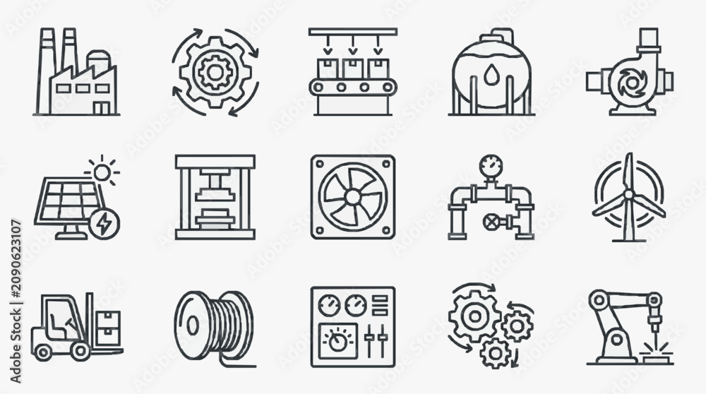 Fototapeta premium Industrial Black and White Line Icons Set Showcasing Manufacturing Energy Automation and Machinery Equipment