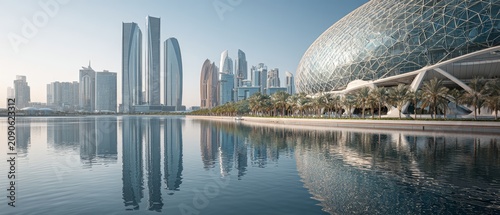 Modern Cityscape with Reflective Water and Futuristic Architecture.