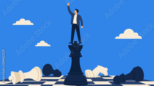 Victorious businessman standing atop giant chess king with raised fist on strategic board, fallen pieces around, symbolizing leadership, ambition, competitive success, power and winning strategy