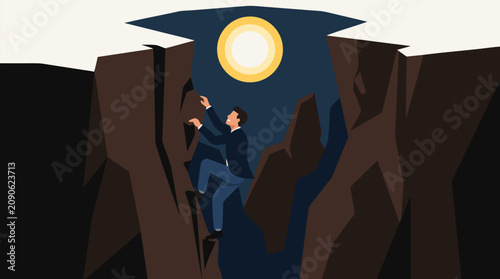 Determined businessman climbing from a deep dark pit toward a bright circular light, vector metaphor for resilience, career recovery, leadership ambition, crisis escape and success breakthrough