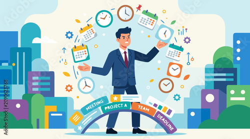 Busy business manager juggling floating clocks, calendars and task labels in a modern city, illustrating time management, project planning, multitasking productivity and deadline strategy vector art