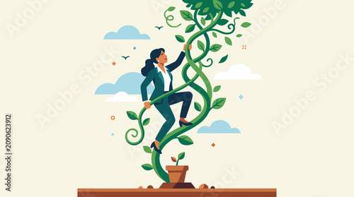 Ambitious businesswoman climbing a rapidly growing vine from a tiny potted seed, vector metaphor for career growth, startup success, opportunity, leadership, investment, and personal development