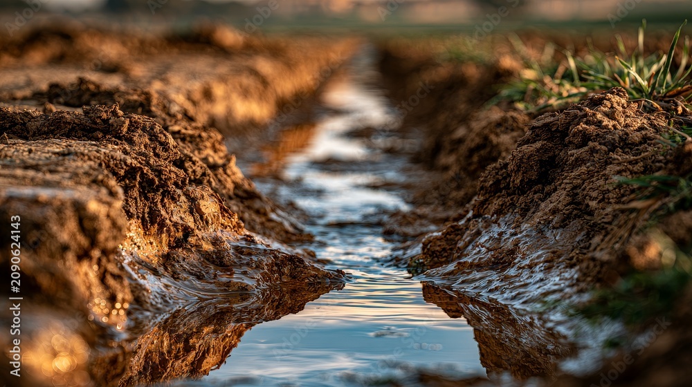 Obraz premium Freshly dug irrigation ditch with moist soil banks in farmland.