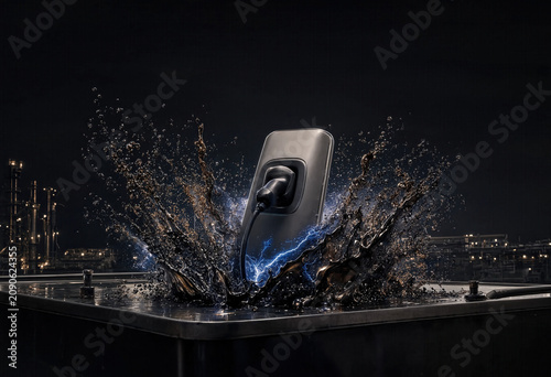 Electric Vehicle Charger Inserted into Fuel Tank with Splashing Liquid in Dark Setting