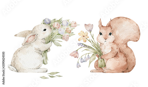 Cute watercolor animals with flowers. Rabbit, squirrel, bunny, garden animals