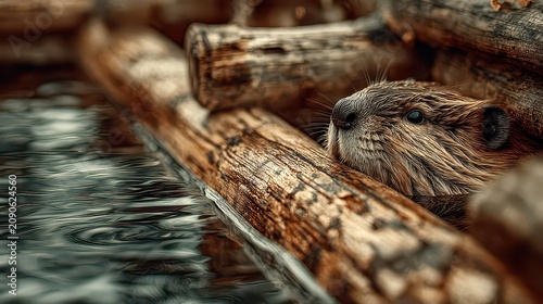 Close-Up of Beavers Peeking from Wooden Logs Near Water Surface