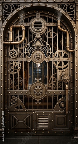 Ornate Steampunk Metal Door Standing Closed in Industrial Interior