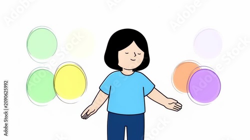 Cartoon Girl Interacting with Floating Colorful Circles Digital Interface Concept