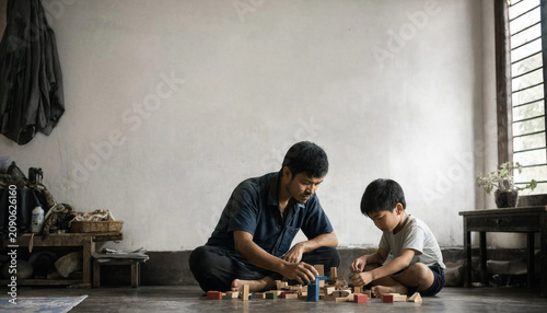 Father and Child Building Wooden Blocks in Bright Home Interior