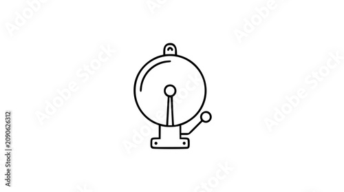 Mechanical alarm bell vector icon with round gong, pull lever and mounting base, clean hand-drawn outline illustration for emergency alerts, school warnings, security systems and sound signals