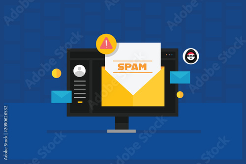 Photos Scammers send spam or fraudulent email to steal personal and financial data through phishing links, malware-infected attachment, A spam protector notifies user and sends spam mail to junk folder