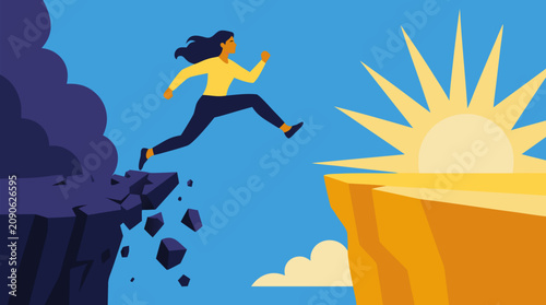 Confident woman leaping from crumbling dark cliff toward radiant golden ledge and sunrise, bold vector illustration of courage, risk taking, transformation, opportunity, ambition and breakthrough